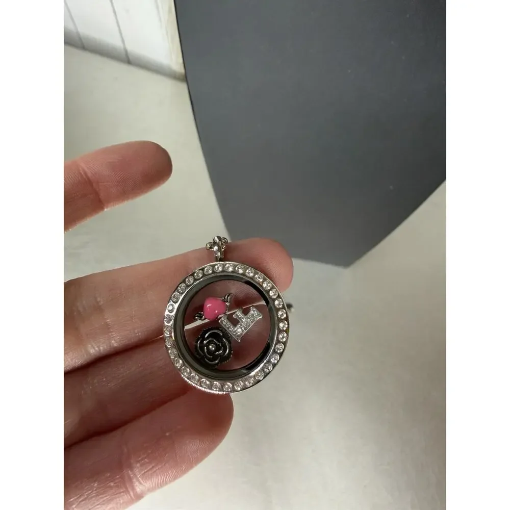 Origami Owl Silver Locket w/ Crystals Flower “F” Heart Charms and Necklace Set